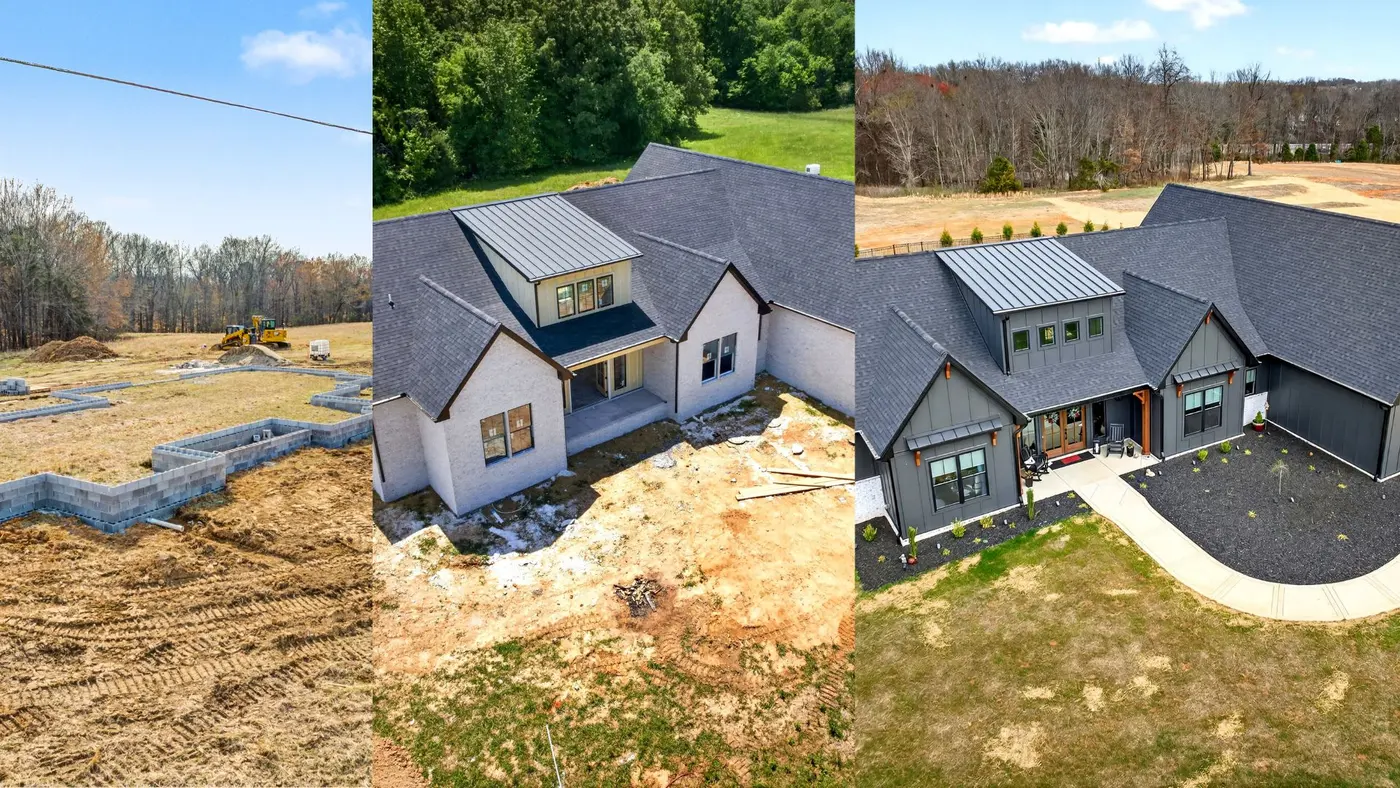 Homefront Builders custom home build progression — from foundation to framing to finished home